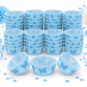 Set de 100 Cápsulas Celestes con Mariposas para Cupcake de 11 x 3 cm Feliz