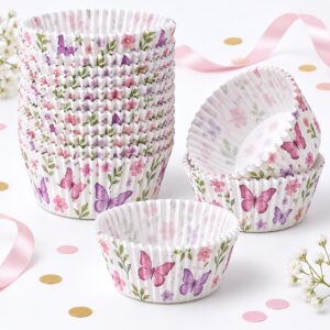 Set de 100 Cápsulas Blancas con Mariposas y Flores para Cupcake de 11 x 3 cm Feliz