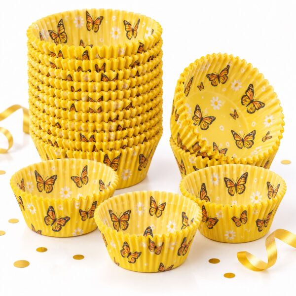 RI-0009488 Set de 100 Cápsulas Amarillas con Mariposas para Cupcake de 11 x 3 cm Feliz