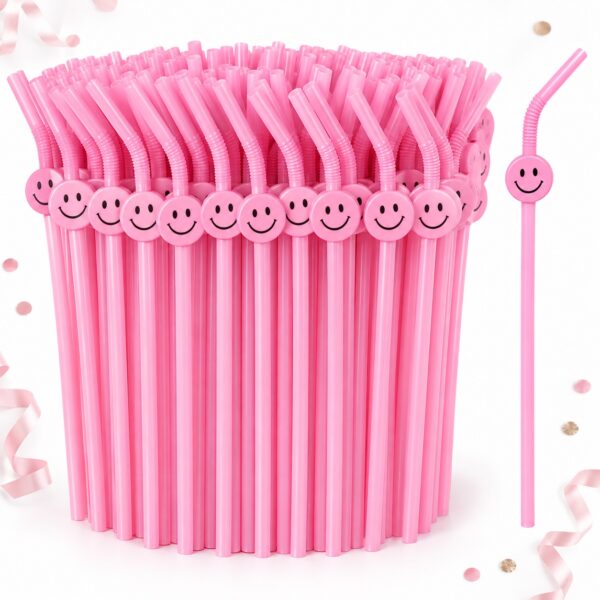 Set de 100 Bombillas Plásticas Rosadas de 21 cm Feliz