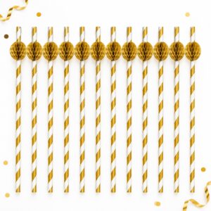 Set de 12 Bombillas de Papel Doradas de 20 cm Feliz
