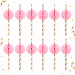 Set de 12 Bombillas de Papel Rosa Claro con Detalles Dorados de 20 cm Feliz