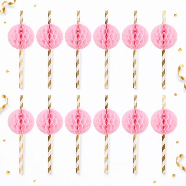 RI-0009503 Set de 12 Bombillas de Papel Rosa Claro con Detalles Dorados de 20 cm Feliz