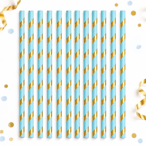RI-0009507 Set de 12 Bombillas de Papel Celestes con Detalles Dorados de 20 cm Feliz