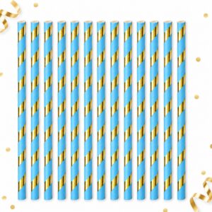 Set de 12 Bombillas de Papel Azules con Detalles Dorados de 20 cm Feliz