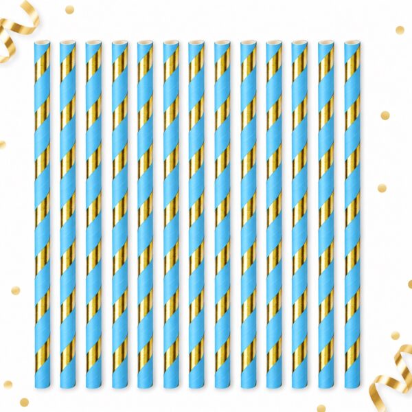 RI-0009508 Set de 12 Bombillas de Papel Azules con Detalles Dorados de 20 cm Feliz