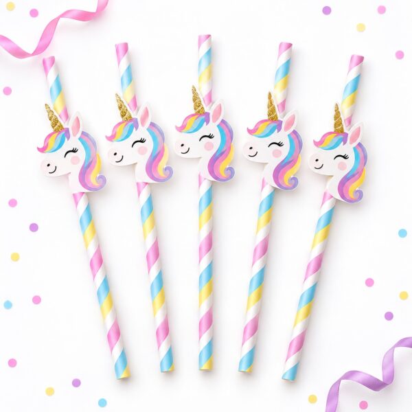 RI-0009515 Set de 5 Bombillas de Papel con Unicornio Feliz
