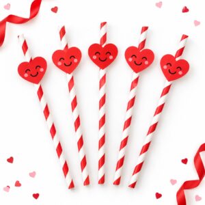 Set de 5 Bombillas de Papel con Corazón Rojo Feliz