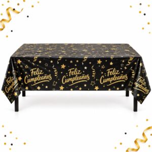 RI-0009570 Mantel de Mesa Negro y Dorado Feliz Cumpleaños de 132 x 220 cm Feliz