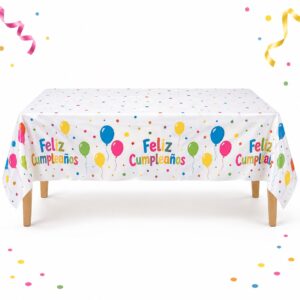 RI-0009575 Mantel de Mesa Blanco Feliz Cumpleaños de 132 x 220 cm Feliz