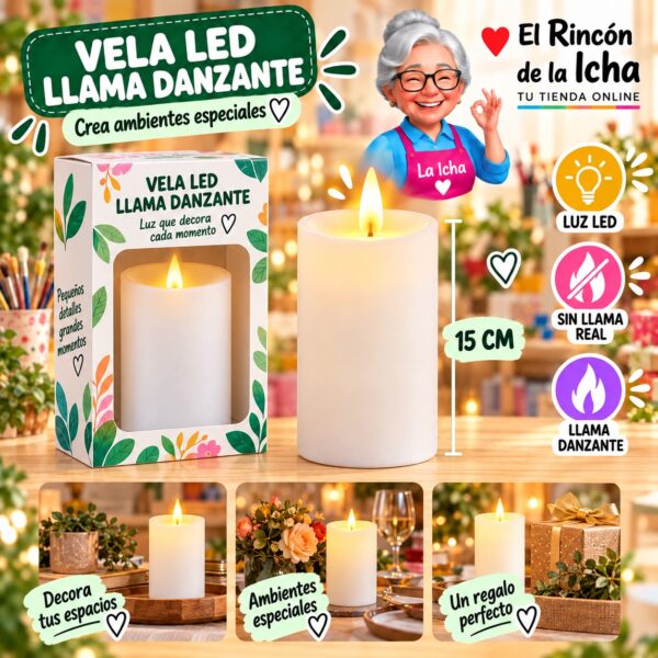 RI-0009610 Vela LED Cilíndrica con Llama Danzante Tamaño L de 15 cm Feliz