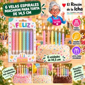 RI-0009611 Set de 6 Velas Espirales Macaron para Torta de 14,5 cm Feliz