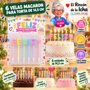RI-0009612 Set de 6 Velas Macaron para Torta de 14,5 cm Feliz
