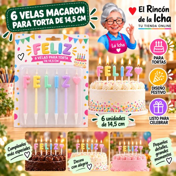 RI-0009612 Set de 6 Velas Macaron para Torta de 14,5 cm Feliz