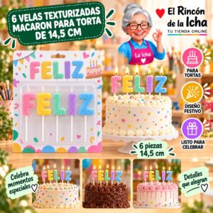 RI-0009613 Set de 6 Velas Texturizadas Macaron para Torta de 14,5 cm Feliz