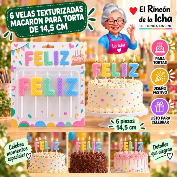 Set de 6 Velas Texturizadas Macaron para Torta de 14,5 cm Feliz