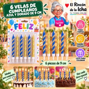 RI-0009614 Set de 6 Velas de Cumpleaños Azul y Dorado de 9 cm Feliz