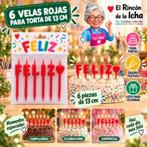 RI-0009615 Set de 6 Velas Rojas para Torta de 13 cm Feliz