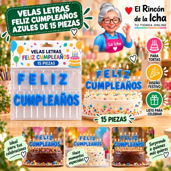 RI-0009616 Velas Letras Feliz Cumpleaños Azules de 15 Piezas Feliz