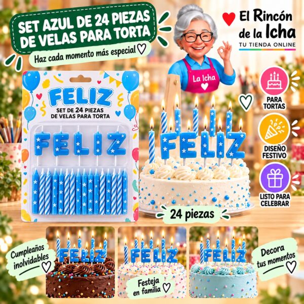 RI-0009617 Set Azul de 24 Piezas de Velas para Torta Feliz