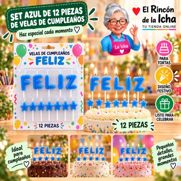 RI-0009618 Set Azul de 12 Piezas de Velas de Cumpleaños Feliz