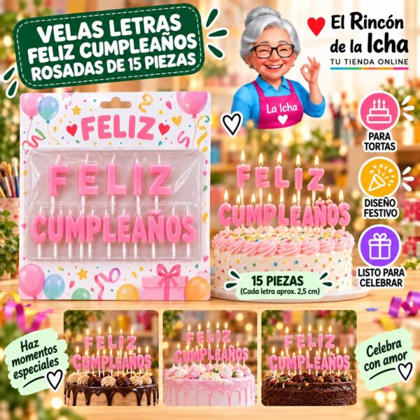 RI-0009619 Velas Letras Feliz Cumpleaños Rosadas de 15 Piezas Feliz