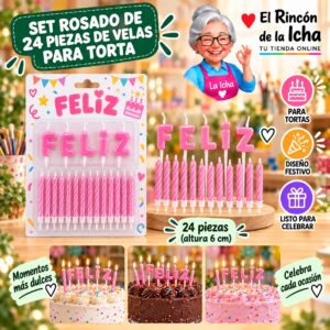 RI-0009620 Set Rosado de 24 Piezas de Velas para Torta Feliz