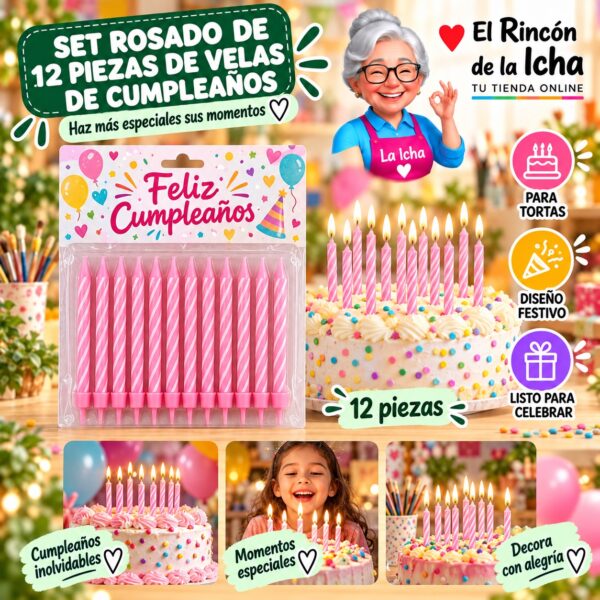 RI-0009621 Set Rosado de 12 Piezas de Velas de Cumpleaños Feliz