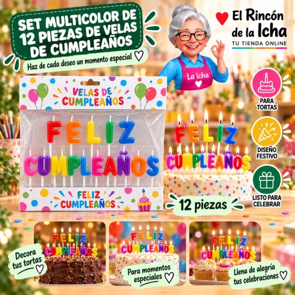 Set Multicolor de 12 Piezas de Velas de Cumpleaños Feliz