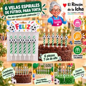 RI-0009623 Set de 6 Velas Espirales de Fútbol para Torta Feliz