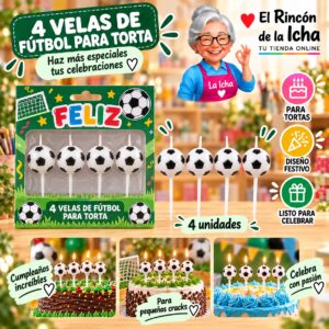 RI-0009626 Set de 4 Velas de Fútbol para Torta Feliz