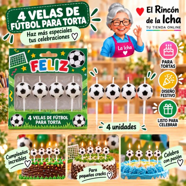 RI-0009626 Set de 4 Velas de Fútbol para Torta Feliz
