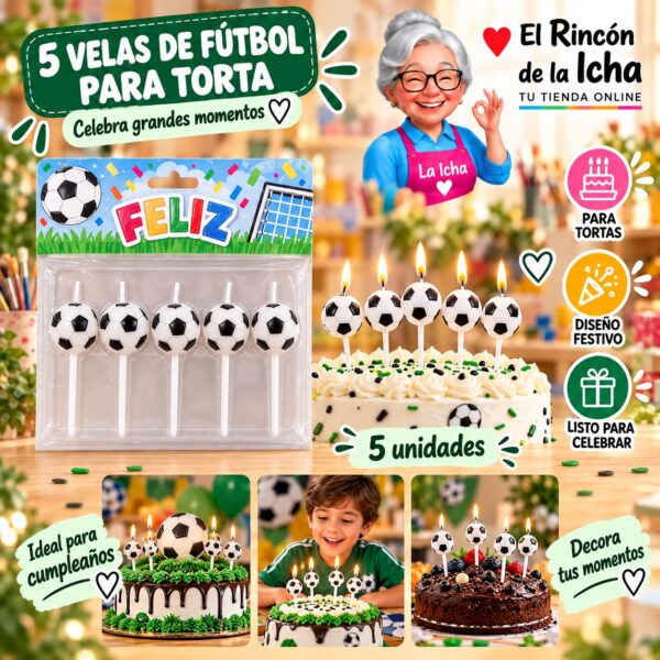 RI-0009627 Set de 5 Velas de Fútbol para Torta Feliz