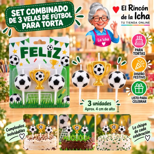 Set Combinado de 3 Velas de Fútbol para Torta Feliz