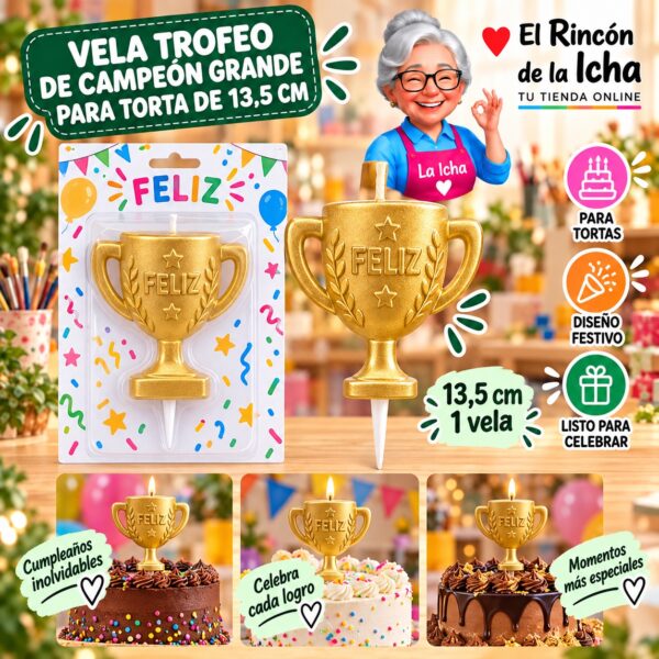 RI-0009631 Vela Trofeo de Campeón Grande para Torta de 13,5 cm Feliz