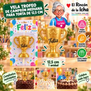 RI-0009632 Vela Trofeo de Campeón Mediana para Torta de 12,5 cm Feliz