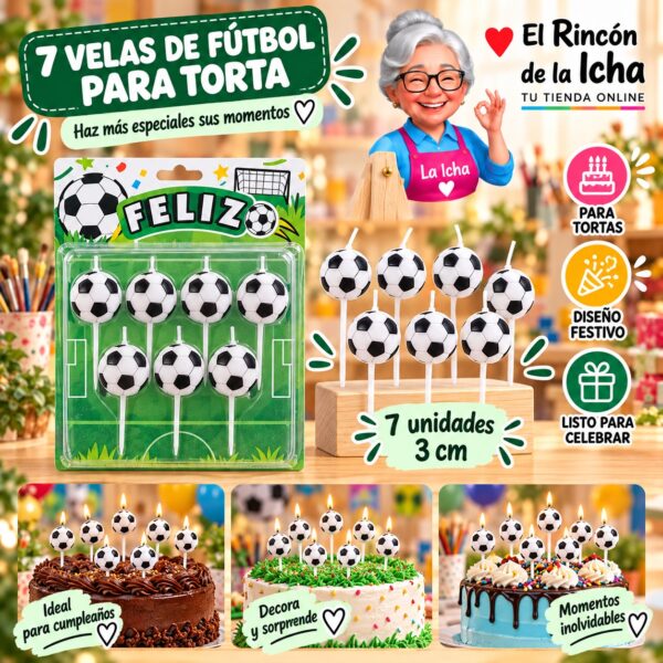 RI-0009633 Set de 7 Velas de Fútbol para Torta Feliz