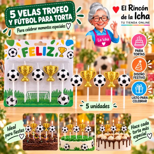 RI-0009634 Set de 5 Velas Trofeo y Fútbol para Torta Feliz