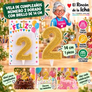 RI-0009637 Vela de Cumpleaños Número 2 Dorado con Brillo de 14 cm Feliz
