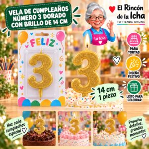 RI-0009638 Vela de Cumpleaños Número 3 Dorado con Brillo de 14 cm Feliz