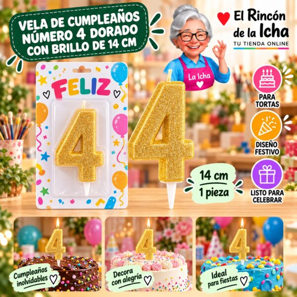 RI-0009639 Vela de Cumpleaños Número 4 Dorado con Brillo de 14 cm Feliz