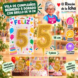 RI-0009640 Vela de Cumpleaños Número 5 Dorado con Brillo de 14 cm Feliz