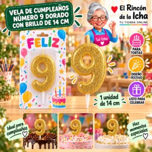 RI-0009641 Vela de Cumpleaños Número 9 Dorado con Brillo de 14 cm Feliz