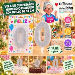 RI-0009642 Vela de Cumpleaños Número 0 Plateado con Brillo de 14 cm Feliz