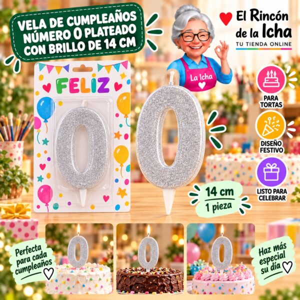 RI-0009642 Vela de Cumpleaños Número 0 Plateado con Brillo de 14 cm Feliz