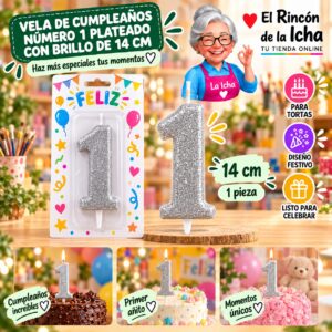 RI-0009643 Vela de Cumpleaños Número 1 Plateado con Brillo de 14 cm Feliz