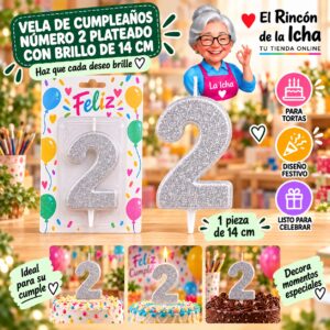 RI-0009644 Vela de Cumpleaños Número 2 Plateado con Brillo de 14 cm Feliz