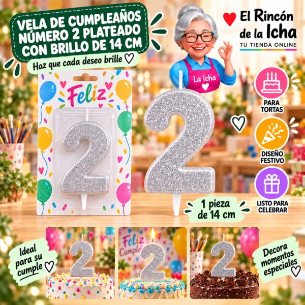 RI-0009644 Vela de Cumpleaños Número 2 Plateado con Brillo de 14 cm Feliz