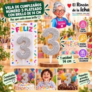 RI-0009645 Vela de Cumpleaños Número 3 Plateado con Brillo de 14 cm Feliz