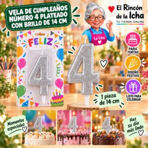RI-0009646 Vela de Cumpleaños Número 4 Plateado con Brillo de 14 cm Feliz